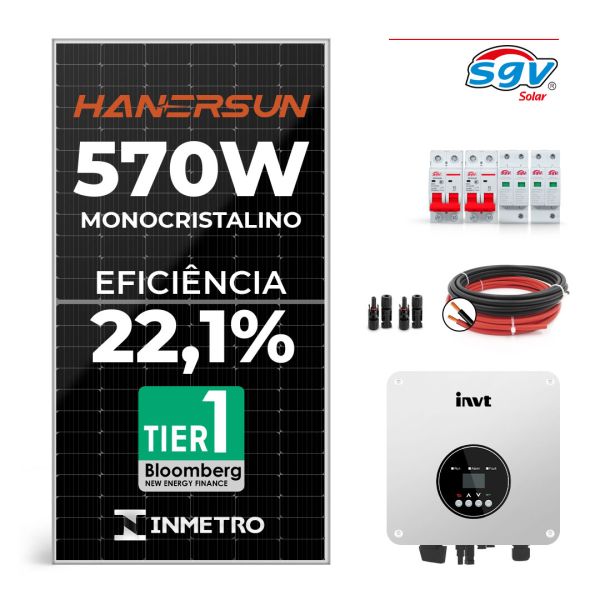 CONJUNTO GERADOR SOLAR 6,72 kWp - 220 V MONOFÁSICO  - 12 PAINÉIS DE 570 W + ACESSÓRIOS